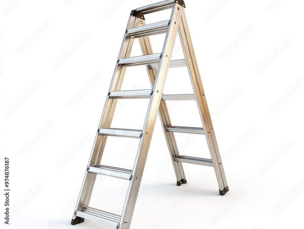 Industrial-grade ladder isolated on white background, angled view Industrial-grade ladder isolated on white background, angled view