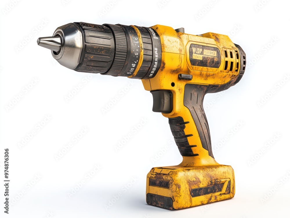 Industrial-grade power drill isolated on white background with detailed textures Industrial-grade power drill isolated on white background with detailed textures
