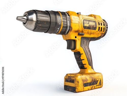 Industrial-grade power drill isolated on white background with detailed textures