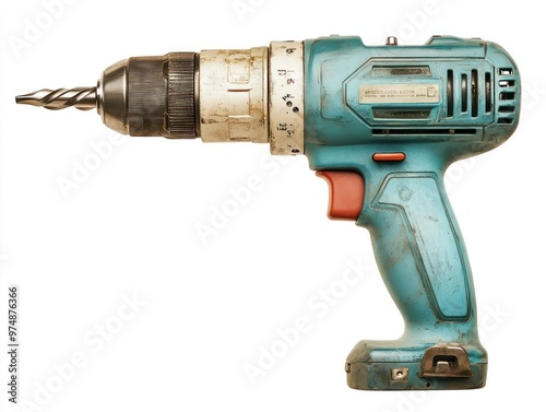 Industrial-grade power drill isolated on white background with detailed textures