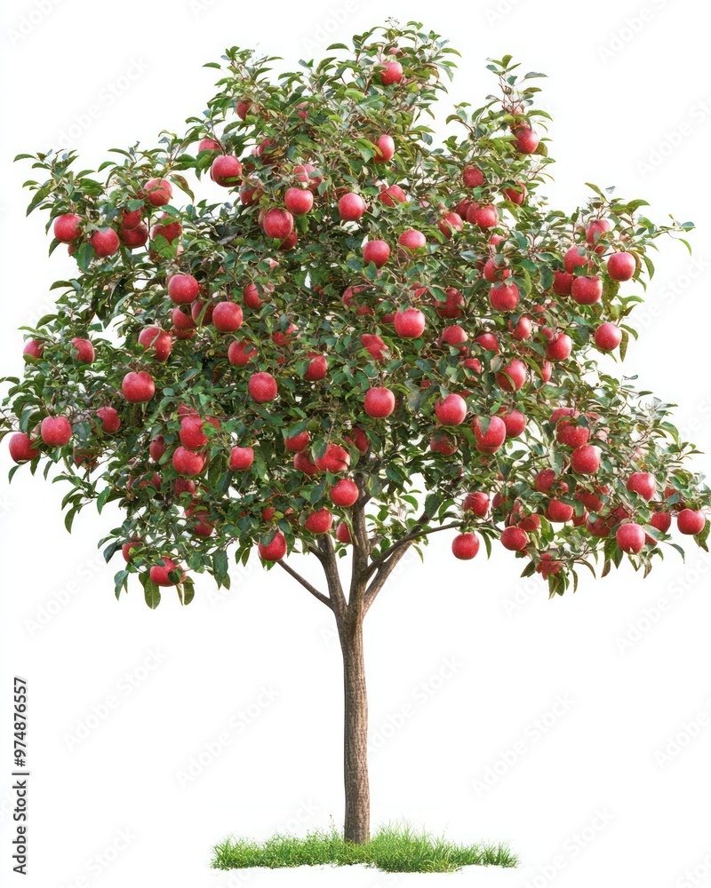 Isolated fruit tree with apples hanging from branches, clean white background Isolated fruit tree with apples hanging from branches, clean white background