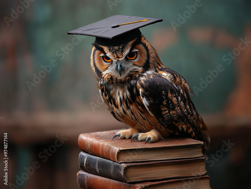 An owl wearing a graduation cap perched on a stack of books in a scholarly environment during daylight hours