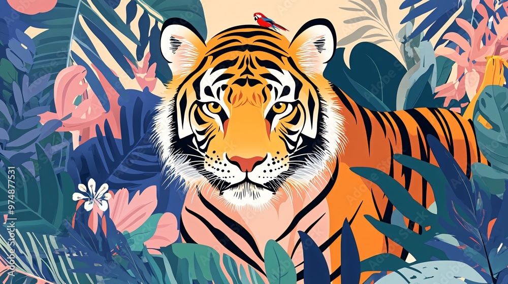 A majestic tiger with orange and black stripes stares intensely from behind lush tropical foliage with a small red bird perched on its head.