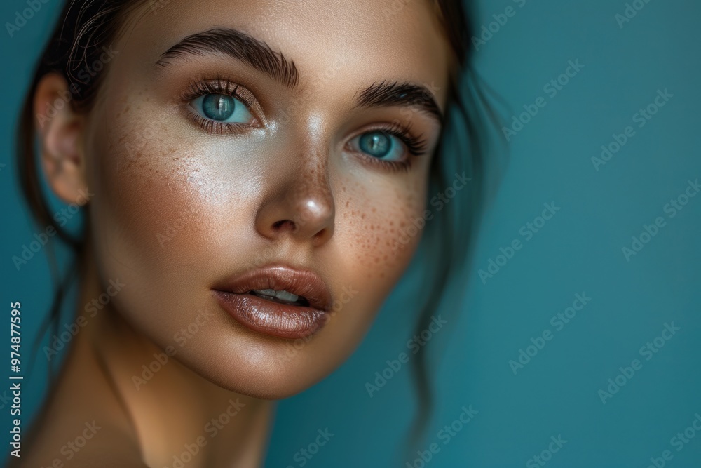 A close-up shot of a woman's face with distinctive freckles, suitable for personal or editorial use A close-up shot of a woman's face with distinctive freckles, suitable for personal or editorial use