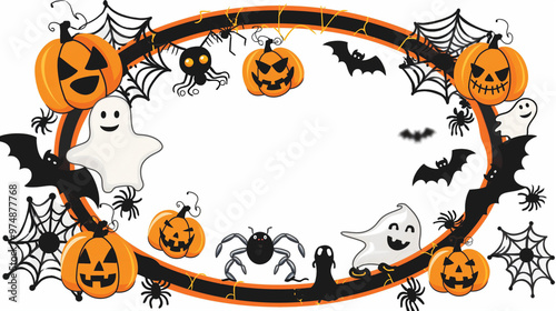 A Halloween-themed frame featuring playful pumpkins, spiders, and ghosts hanging from the corners. The frame is oval-shaped, adorned with orange and black accents, creating a design that is both spook photo