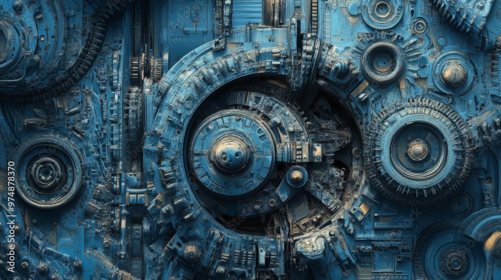 Fototapeta premium Blue industrial design with intricate machinery, highly detailed,