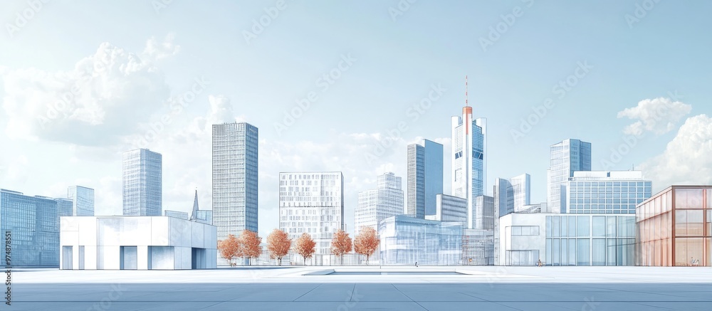 Fototapeta premium Panoramic view of a skyline featuring various buildings with an open square space in the foreground