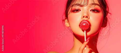 Vibrant portrait of an Asian woman holding a red lollipop against a bold red background with ample copy space for text