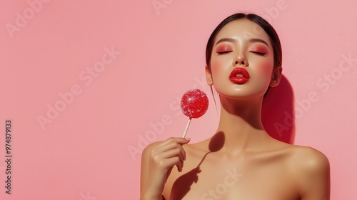 Elegant portrait of an Asian woman holding a red lollipop with a minimal pink background and ample copy space for text