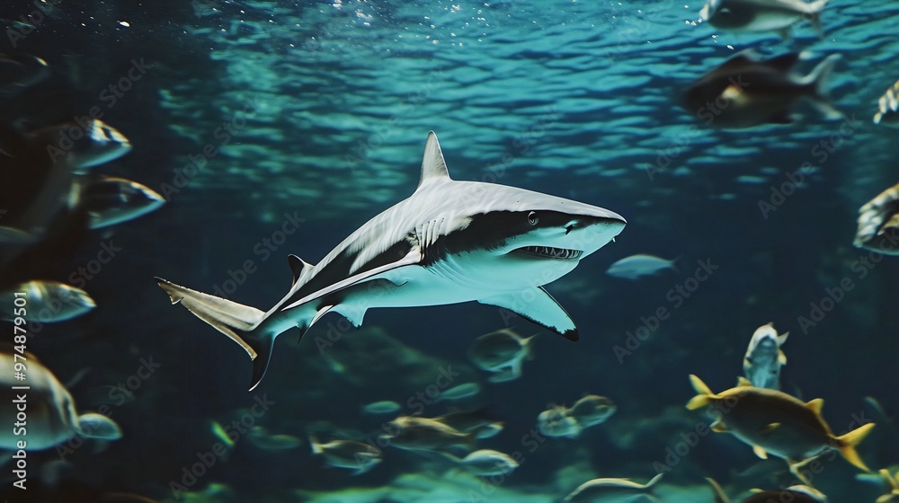 Obraz premium A lone shark swims through a school of fish in an aquarium.