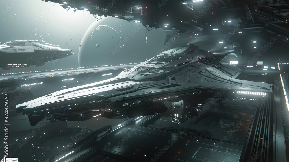 Fototapeta premium Spaceship Docked in Space Station