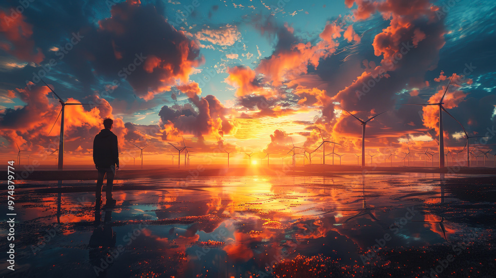 Fototapeta premium Man Standing by Wind Turbines at Sunset