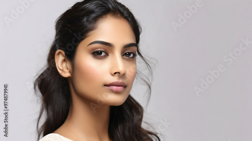 Close up portrait of beautiful Indian female model in 20s with perfect glowy skin 