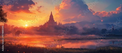 Painting of a sunrise illuminating a valley with a historic temple seen in the background