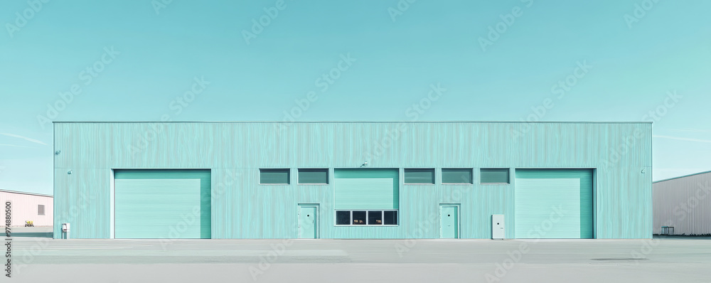 A minimalist exterior of pastel mint green warehouse showcases clean lines and serene atmosphere, perfect for modern architectural aesthetics A minimalist exterior of pastel mint green warehouse showcases clean lines and serene atmosphere, perfect for modern architectural aesthetics