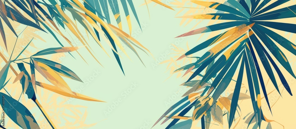 Artwork depicting tropical palm leaves on a soft yellow and light blue background Minimalist nature theme with a summer vibe Flat lay composition