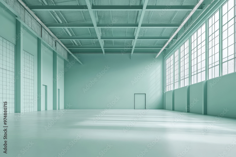 A minimalist pastel mint green warehouse interior featuring clean lines and ample natural light. spacious area is perfect for various creative uses, evoking sense of calm and inspiration A minimalist pastel mint green warehouse interior featuring clean lines and ample natural light. spacious area is perfect for various creative uses, evoking sense of calm and inspiration