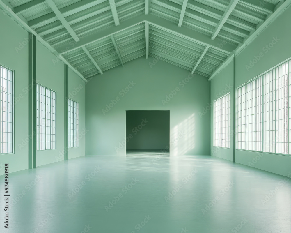 Fototapeta premium A spacious pastel green warehouse featuring minimal design and clean lines, creating serene and calming atmosphere. ample natural light enhances tranquil environment