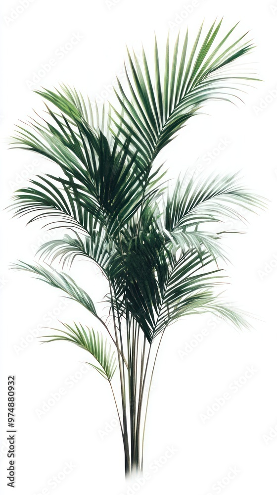 Palm tree with long green leaves, isolated on white, summer tropical vibes Palm tree with long green leaves, isolated on white, summer tropical vibes