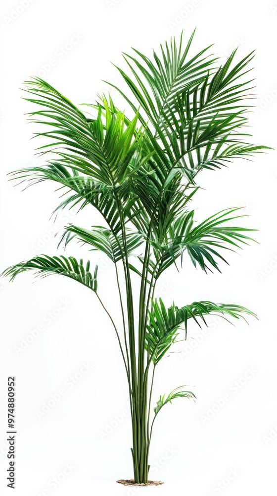 Palm tree with long green leaves, isolated on white, summer tropical vibes Palm tree with long green leaves, isolated on white, summer tropical vibes