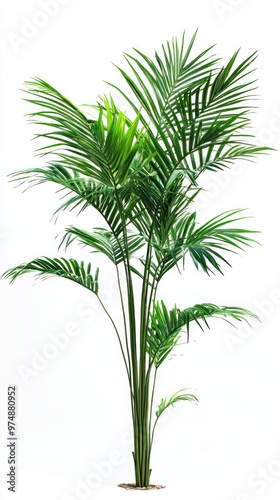 Palm tree with long green leaves, isolated on white, summer tropical vibes