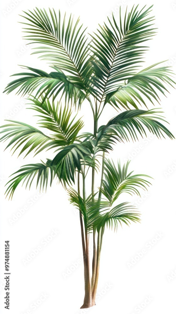 Palm tree with long green leaves, isolated on white, summer tropical vibes Palm tree with long green leaves, isolated on white, summer tropical vibes