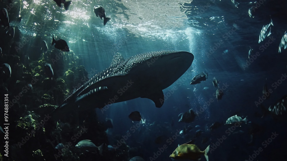 Fototapeta premium A large whale shark swims through a school of fish in the ocean, sunbeams shining through the water.