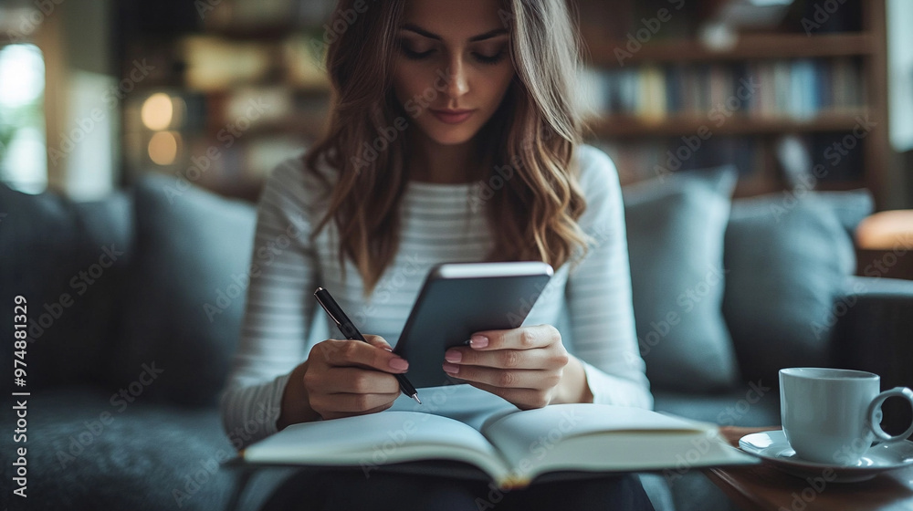 focused businesswoman takes notes while holding a tablet, reflecting productivity, organization, and multitasking. The image symbolizes diligence, professionalism, and technological integration focused businesswoman takes notes while holding a tablet, reflecting productivity, organization, and multitasking. The image symbolizes diligence, professionalism, and technological integration