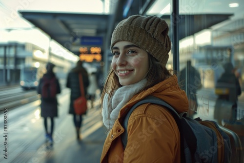 A person waits for a train at a station, often used in travel or transportation scenes