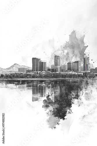 Tempe, Arizona, black and white pen pencil hand-drawn effect portrait drawing illustration for travel poster, card, wallpaper, backdrop or banner. Modern, clear, artistic and simple