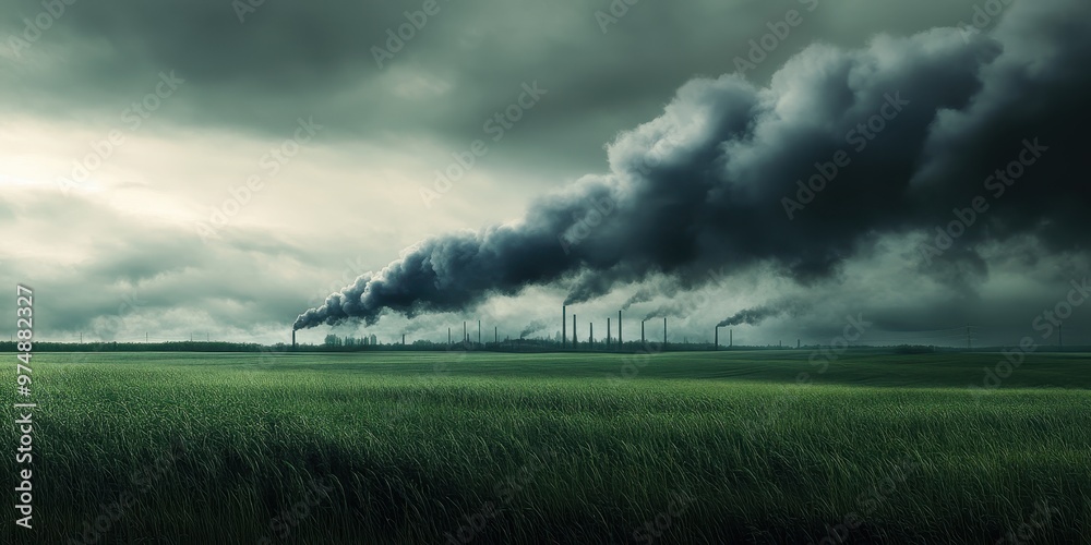 A dramatic landscape showcasing a field under a smoky sky, emphasizing the impact of industrial pollution on nature. A dramatic landscape showcasing a field under a smoky sky, emphasizing the impact of industrial pollution on nature.