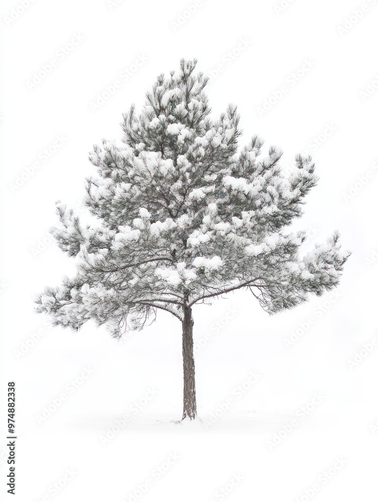 Pine tree isolate on white background, winter setting, snow-covered, Pine tree isolate on white background, winter setting, snow-covered,