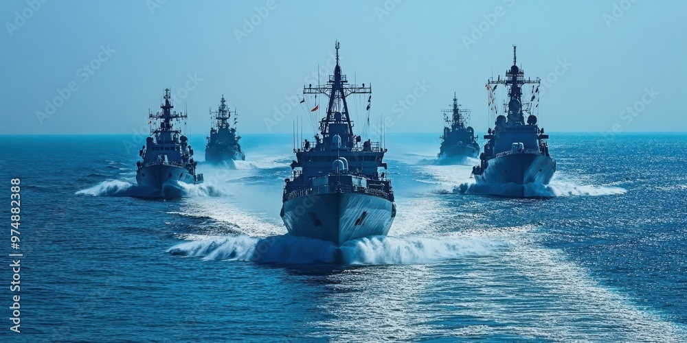 A fleet of naval ships navigates through calm blue waters, showcasing strength and precision in maritime operations. A fleet of naval ships navigates through calm blue waters, showcasing strength and precision in maritime operations.