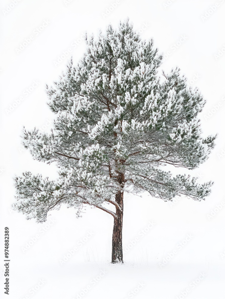 Pine tree isolate on white background, winter setting, snow-covered, Pine tree isolate on white background, winter setting, snow-covered,