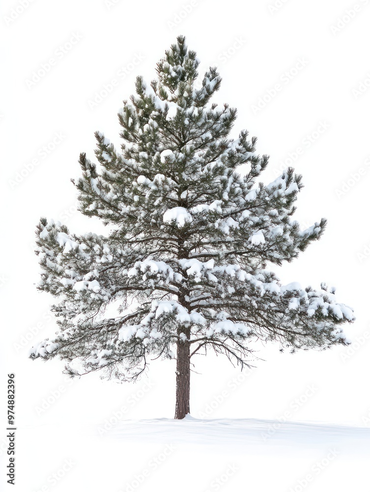 Pine tree isolate on white background, winter setting, snow-covered, Pine tree isolate on white background, winter setting, snow-covered,