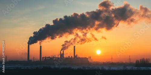 A factory silhouette against a vibrant sunset, emitting smoke and pollution, highlighting industrial impact on the environment.