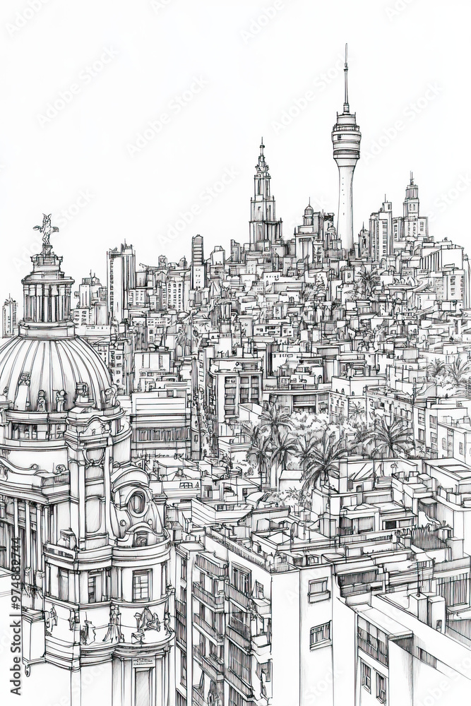 Naklejka premium Tenerife, Spain, black and white pen pencil hand-drawn effect portrait drawing illustration for travel poster, card, wallpaper, backdrop or banner. Modern, clear, artistic and simple