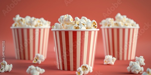 Freshly popped popcorn served in striped paper cups on a bright red background
