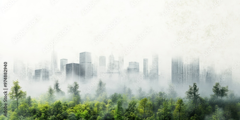 A misty urban skyline emerges from lush greenery, blending nature with city life in a tranquil, ethereal atmosphere. A misty urban skyline emerges from lush greenery, blending nature with city life in a tranquil, ethereal atmosphere.