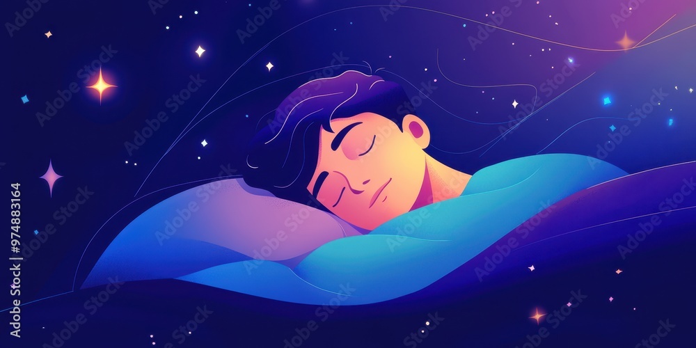 A peaceful illustration of a young man sleeping under a starry night sky, surrounded by vibrant colors and tranquility. A peaceful illustration of a young man sleeping under a starry night sky, surrounded by vibrant colors and tranquility.