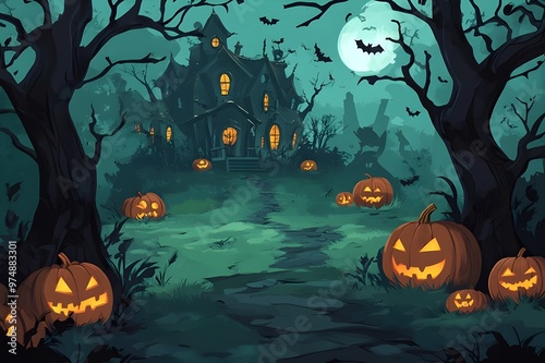 cemetery on halloween night with evil pumpkins, bats and in the background a haunted castle and the full moon. Halloween Banner illustration