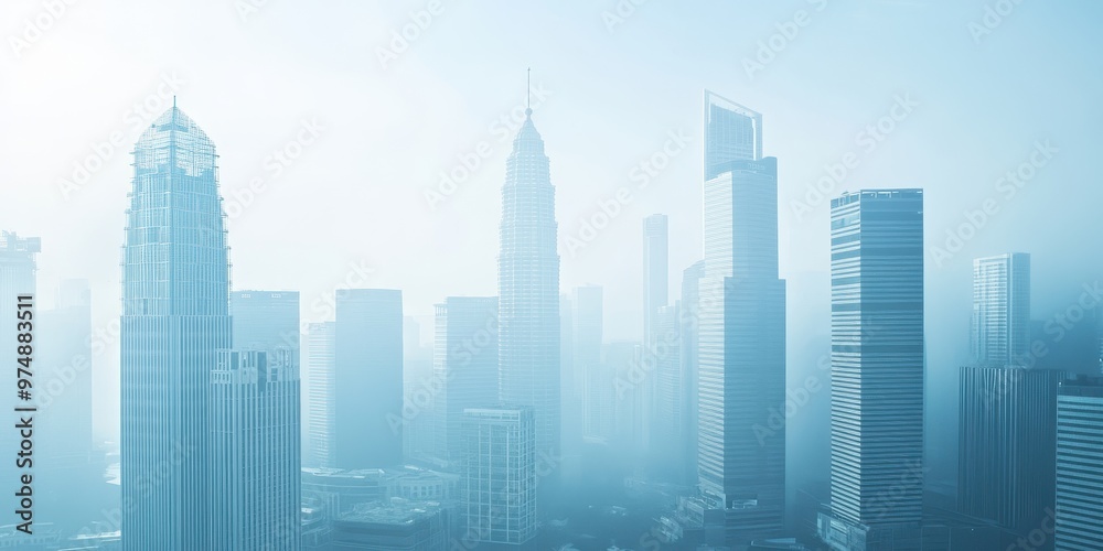 Obraz premium A serene city skyline shrouded in mist, showcasing modern architecture against a hazy backdrop, ideal for atmospheric visuals.