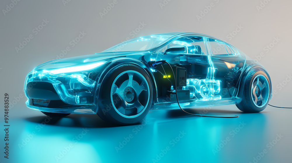 E-mobility, blue electric car charging battery - 3d illustration. Electric Car. Illustration E-mobility, blue electric car charging battery - 3d illustration. Electric Car. Illustration