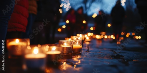 A serene evening scene with glowing candles lined up on a path, creating a peaceful and reflective atmosphere.