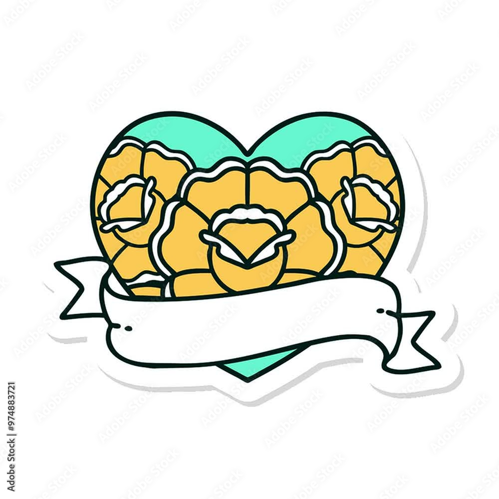 sticker of tattoo in traditional style of a heart and banner with flowers sticker of tattoo in traditional style of a heart and banner with flowers