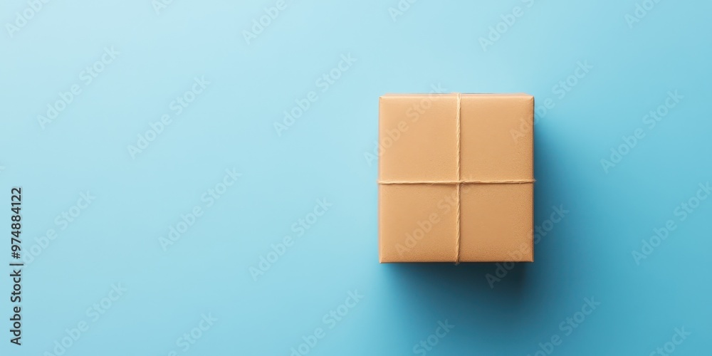 Obraz premium A simple brown gift box placed on a vibrant blue background, perfect for celebrating special occasions and moments.