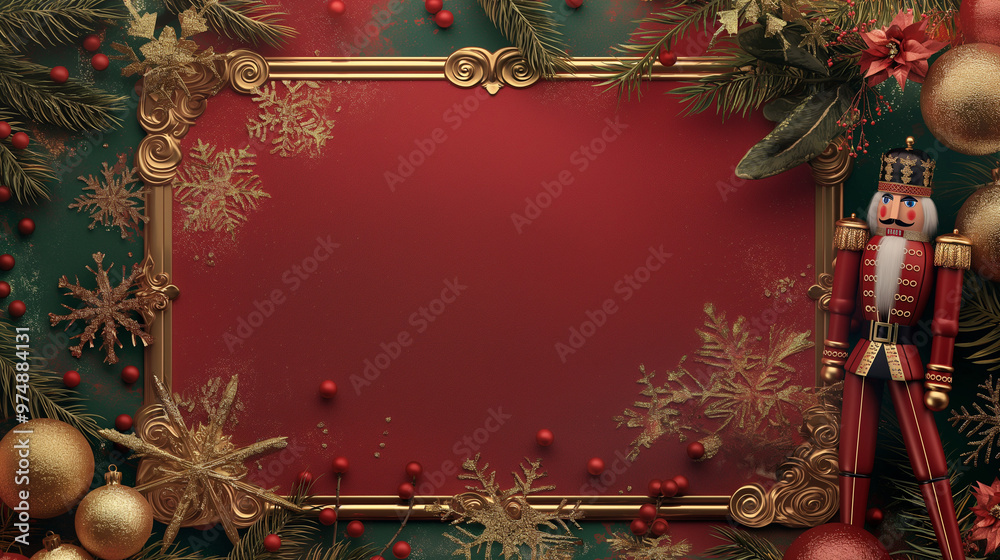 custom made wallpaper toronto digitalA Nutcracker-themed frame adorned with ballet elements, showcasing elegant golden details, delicate snowflakes, and a Nutcracker soldier positioned on one side of the frame. The design is festive, cla