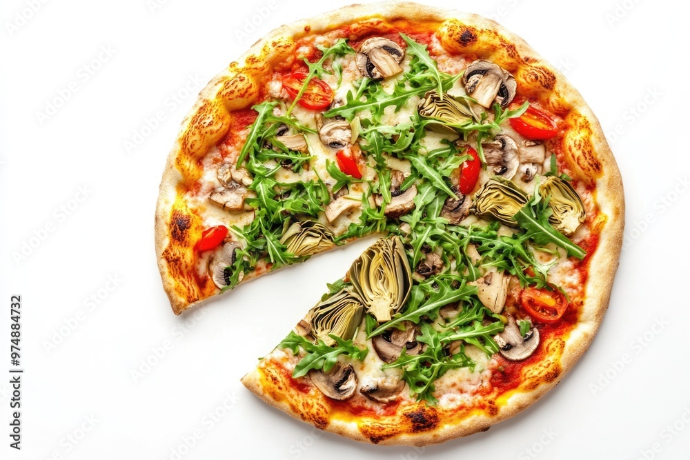 Delicious vegetarian pizza with arugula and artichokes on a white background Delicious vegetarian pizza with arugula and artichokes on a white background