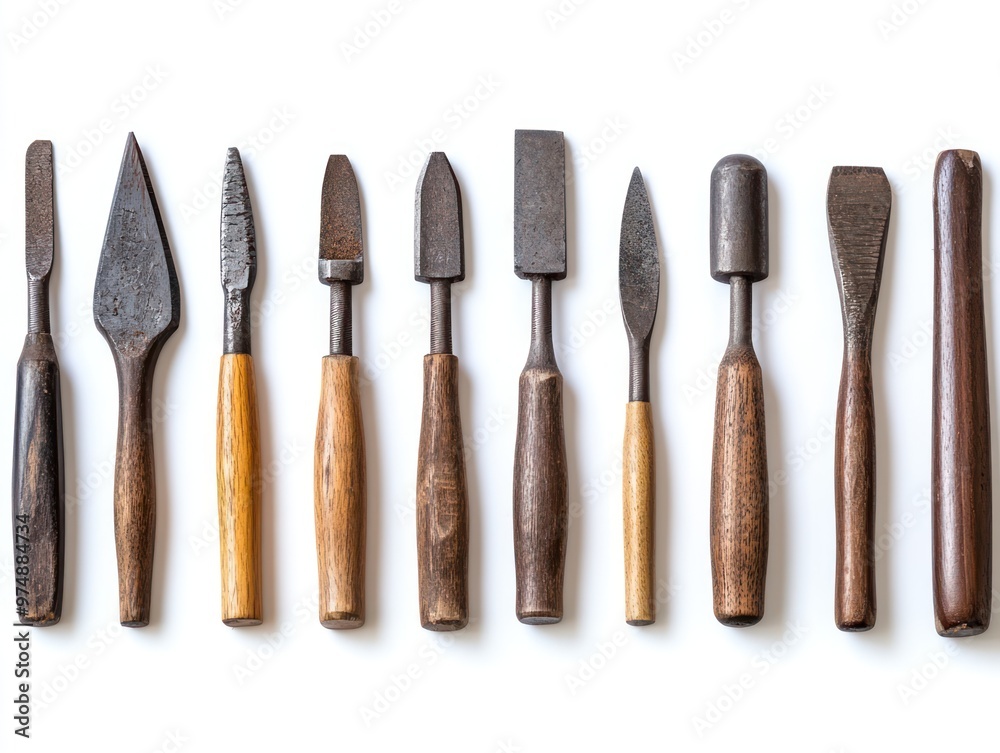 Set of construction chisels isolated on white background, neatly arranged Set of construction chisels isolated on white background, neatly arranged