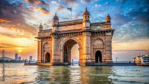 Majestic arch-shaped monument with intricate carvings and ornate details stands proudly along the Arabian Sea photo